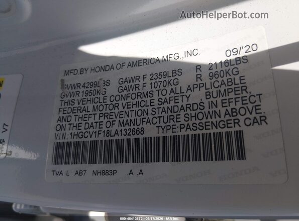 1HGCV1F18LA132668 2020 HONDA ACCORD White ძრავის განყოფილების ხედი