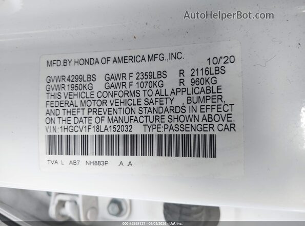 1HGCV1F18LA152032 2020 HONDA ACCORD White Вид підкапотного простору