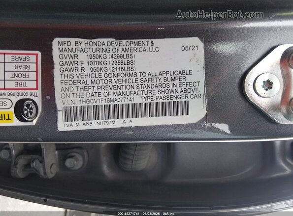 1HGCV1F18MA077141 2021 HONDA ACCORD Gray Engine compartment view