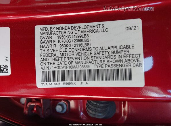 1HGCV1F18MA103639 2021 HONDA ACCORD Red Вид підкапотного простору
