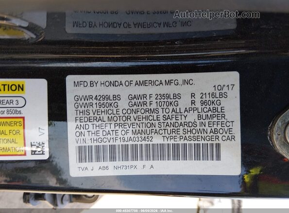1HGCV1F19JA033452 2018 HONDA ACCORD Black Շարժիչի բաժամունքի տեսք