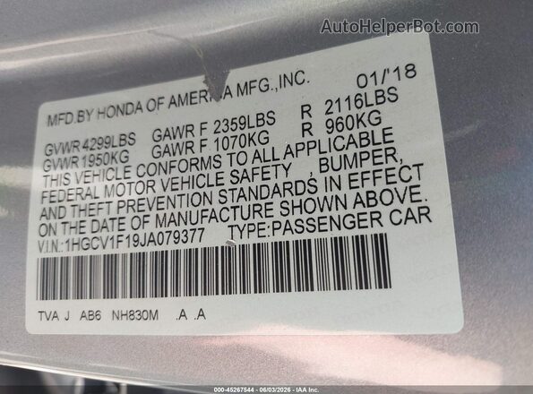 1HGCV1F19JA079377 2018 HONDA ACCORD Silver Widok komory silnika