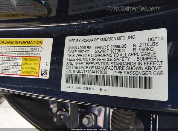 1HGCV1F19JA195050 2018 HONDA ACCORD Blue Vista del compartimento del motor