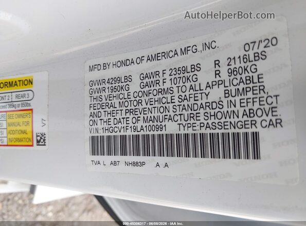 1HGCV1F19LA100991 2020 HONDA ACCORD White 