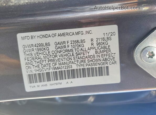 1HGCV1F19MA012203 2021 HONDA ACCORD Gray VIN կոդի պիտակի տեսք