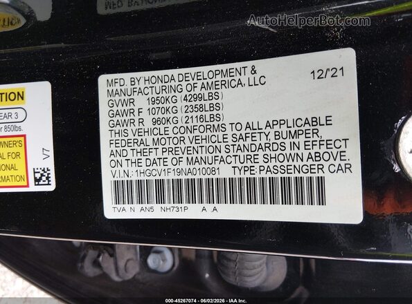 1HGCV1F19NA010081 2022 HONDA ACCORD Black Vista del compartimento del motor