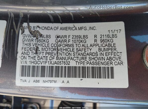 1HGCV1F1XJA057632 2018 HONDA ACCORD Gray Շարժիչի բաժամունքի տեսք