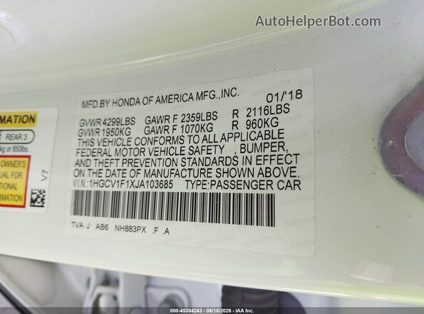 1HGCV1F1XJA103685 2018 HONDA ACCORD White Engine compartment view