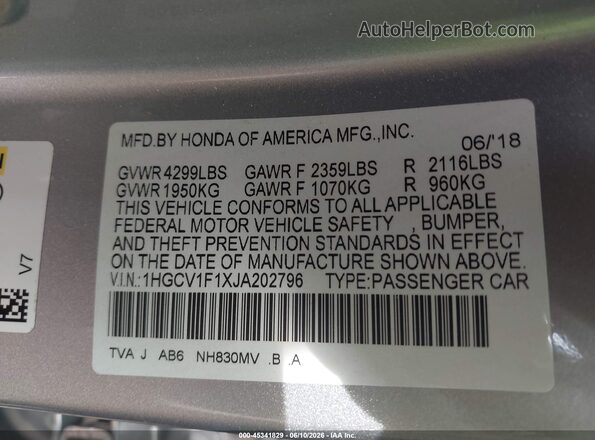 1HGCV1F1XJA202796 2018 HONDA ACCORD Silver Вид підкапотного простору