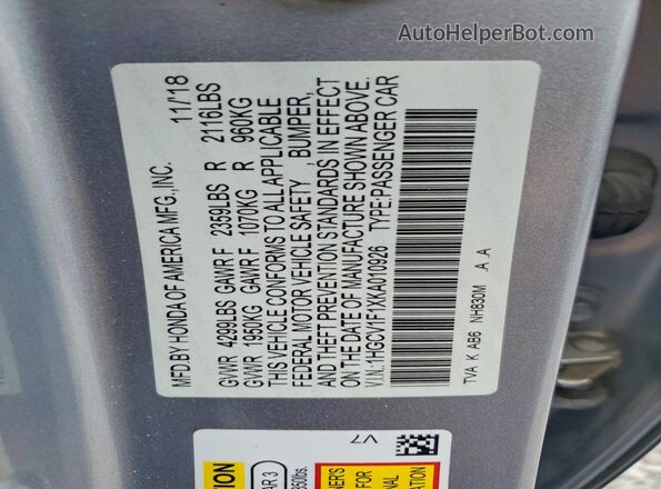 1HGCV1F1XKA010926 2019 HONDA ACCORD Silver VIN sticker view