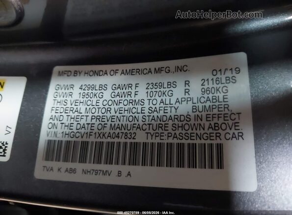 1HGCV1F1XKA047832 2019 HONDA ACCORD Gray Vista del compartimento del motor