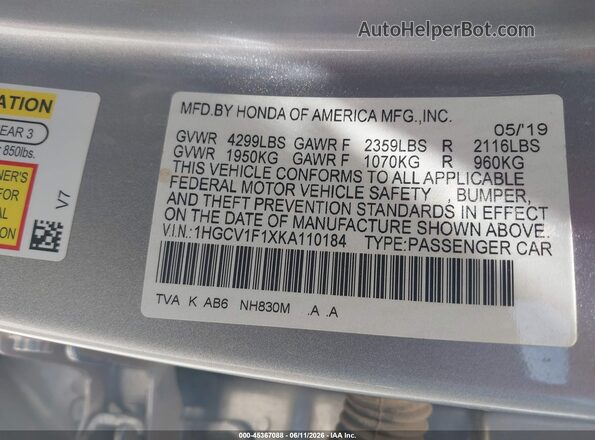 1HGCV1F1XKA110184 2019 HONDA ACCORD Silver Widok komory silnika