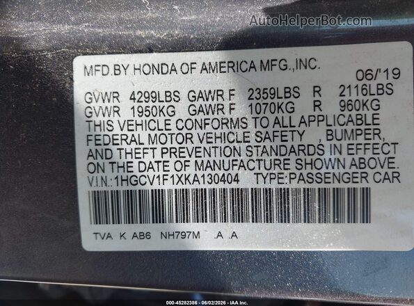 1HGCV1F1XKA130404 2019 HONDA ACCORD Gray Engine compartment view