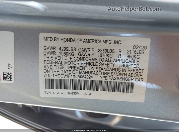 1HGCV1F1XLA064924 2020 HONDA ACCORD Silver Vista del compartimento del motor