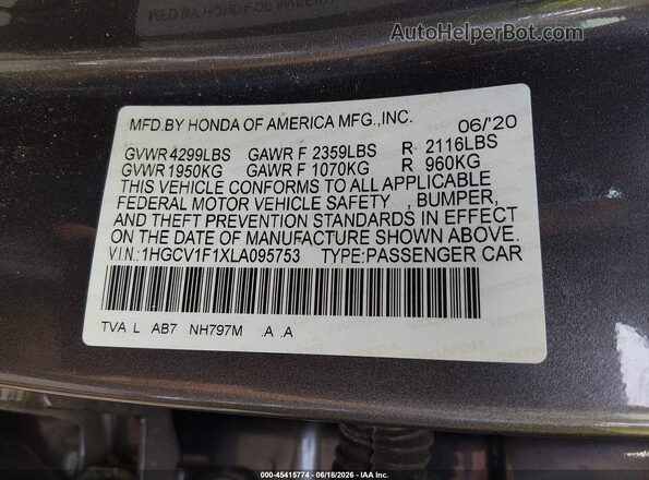 1HGCV1F1XLA095753 2020 HONDA ACCORD Gray ძრავის განყოფილების ხედი