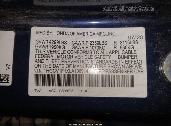 1HGCV1F1XLA106914 2020 HONDA ACCORD Blue Շարժիչի բաժամունքի տեսք