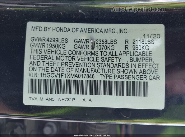 1HGCV1F1XMA017846 2021 HONDA ACCORD Black Vista del compartimento del motor