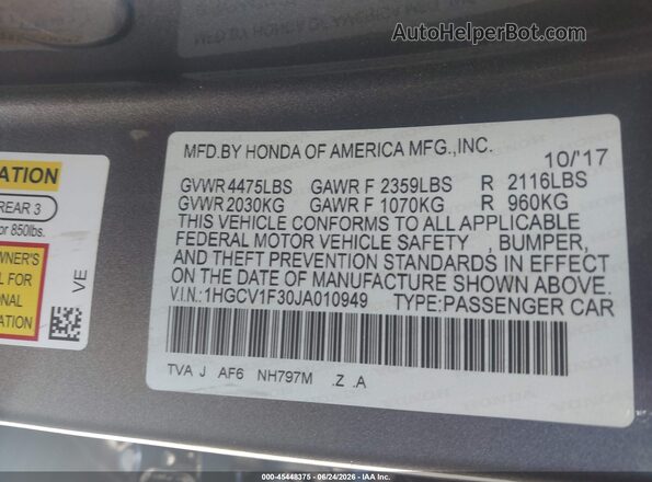 1HGCV1F30JA010949 2018 HONDA ACCORD Gray Widok komory silnika