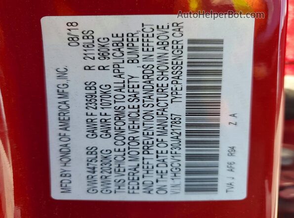 1HGCV1F30JA217857 2018 HONDA ACCORD Red 