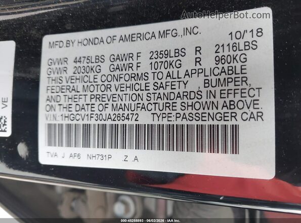 1HGCV1F30JA265472 2018 HONDA ACCORD Черный Задняя правая четверть