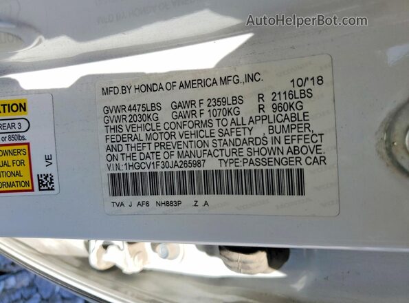 1HGCV1F30JA265987 2018 HONDA ACCORD White 