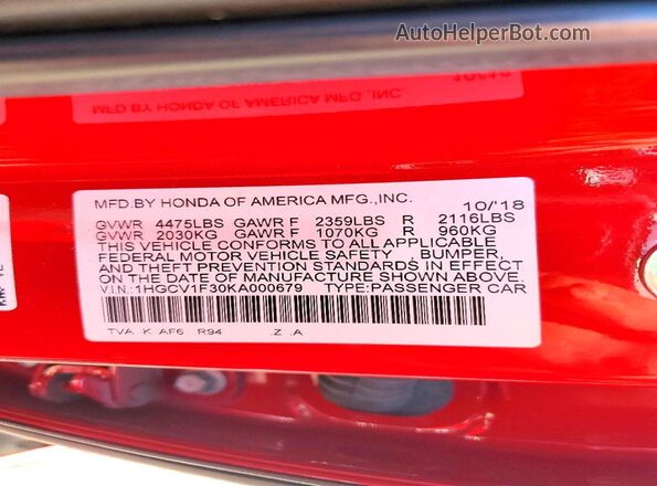 1HGCV1F30KA000679 2019 HONDA ACCORD Red Widok komory silnika