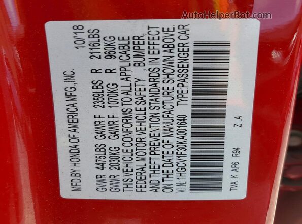 1HGCV1F30KA001640 2019 HONDA ACCORD Красный 