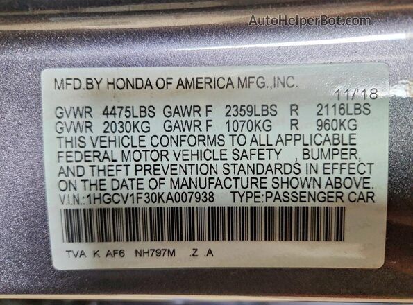 1HGCV1F30KA007938 2019 HONDA ACCORD Gray Vista del compartimento del motor