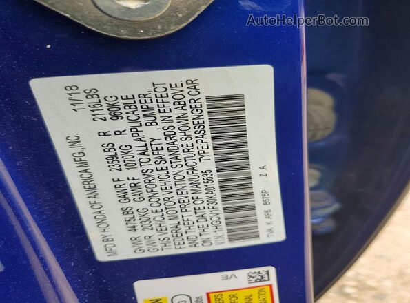 1HGCV1F30KA015635 2019 HONDA ACCORD Синий 
