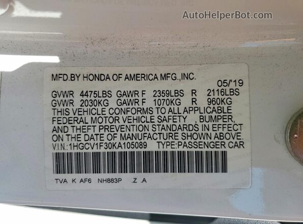 1HGCV1F30KA105089 2019 HONDA ACCORD White Vista del compartimento del motor