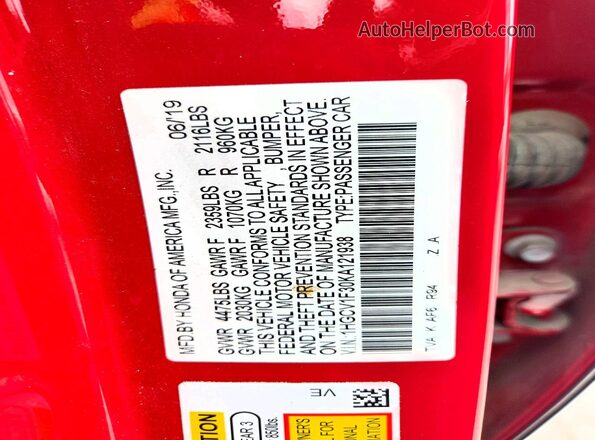 1HGCV1F30KA121938 2019 HONDA ACCORD Red ძრავის განყოფილების ხედი