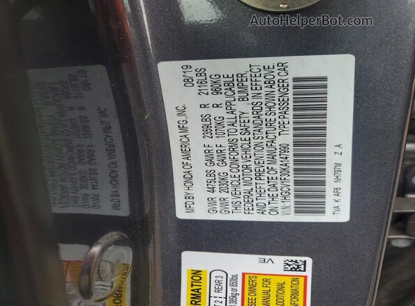 1HGCV1F30KA147990 2019 HONDA ACCORD Gray ძრავის განყოფილების ხედი