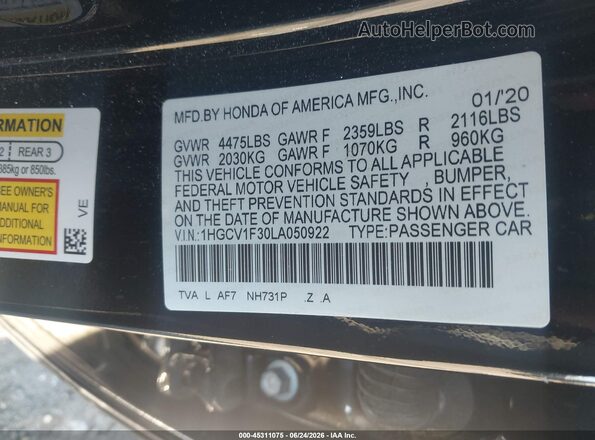 1HGCV1F30LA050922 2020 HONDA ACCORD Black Շարժիչի բաժամունքի տեսք