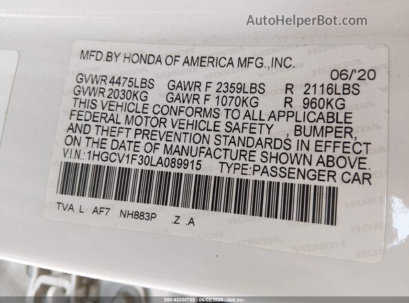 1HGCV1F30LA089915 2020 HONDA ACCORD Белый Вид подкапотного пространства