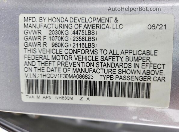 1HGCV1F30MA086823 2021 HONDA ACCORD Silver ძრავის განყოფილების ხედი