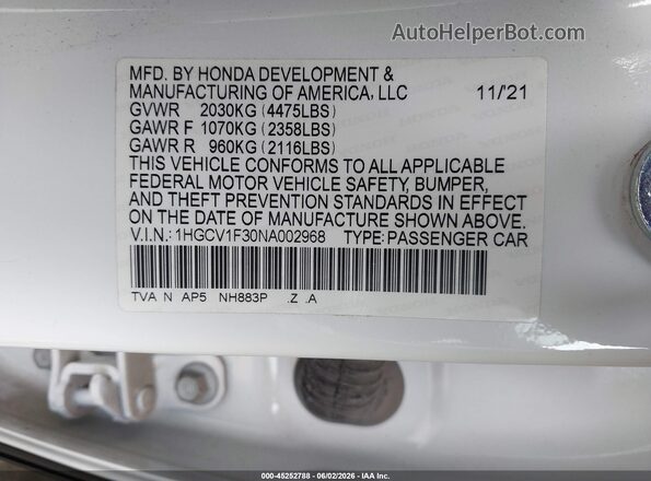1HGCV1F30NA002968 2022 HONDA ACCORD White Engine compartment view