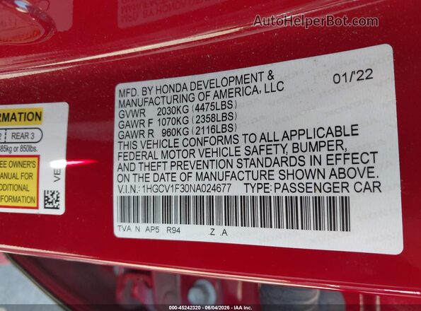 1HGCV1F30NA024677 2022 HONDA ACCORD Красный 