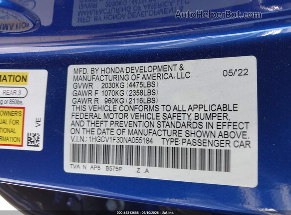 1HGCV1F30NA055184 2022 HONDA ACCORD Blue Вид підкапотного простору