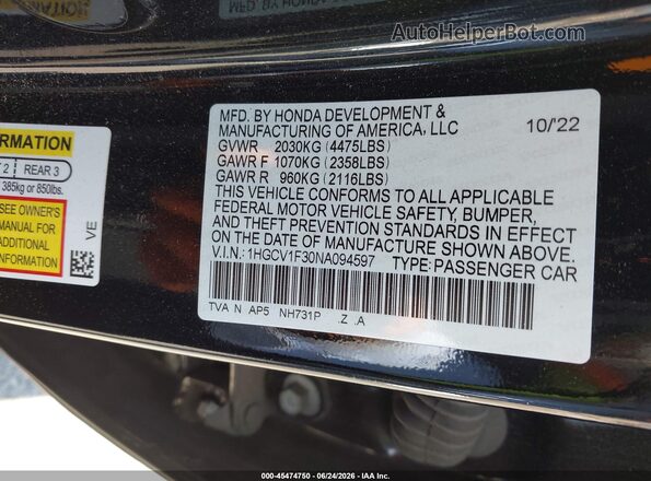 1HGCV1F30NA094597 2022 HONDA ACCORD Black Engine compartment view