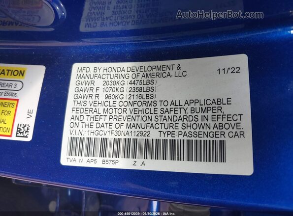 1HGCV1F30NA112922 2022 HONDA ACCORD Blue Widok komory silnika
