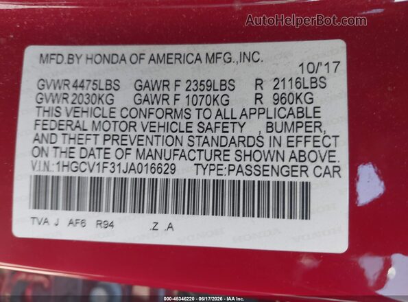 1HGCV1F31JA016629 2018 HONDA ACCORD Red Շարժիչի բաժամունքի տեսք