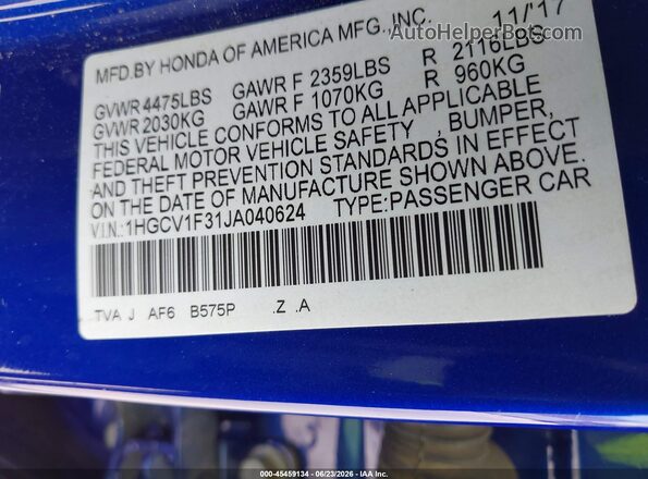 1HGCV1F31JA040624 2018 HONDA ACCORD Blue Շարժիչի բաժամունքի տեսք