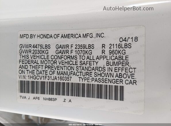 1HGCV1F31JA160357 2018 HONDA ACCORD White Вид підкапотного простору