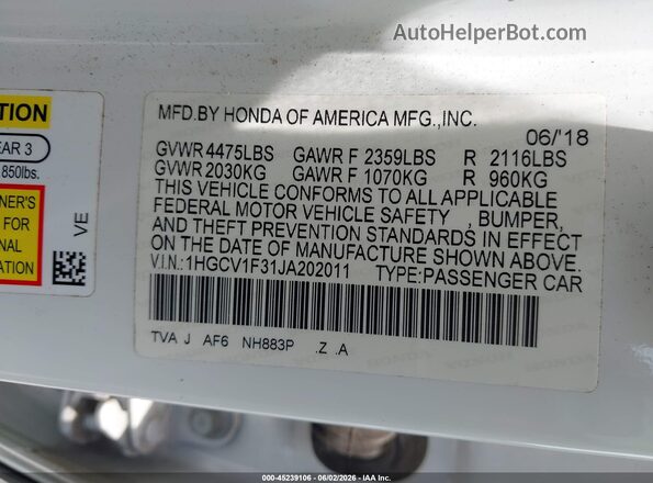 1HGCV1F31JA202011 2018 HONDA ACCORD White 