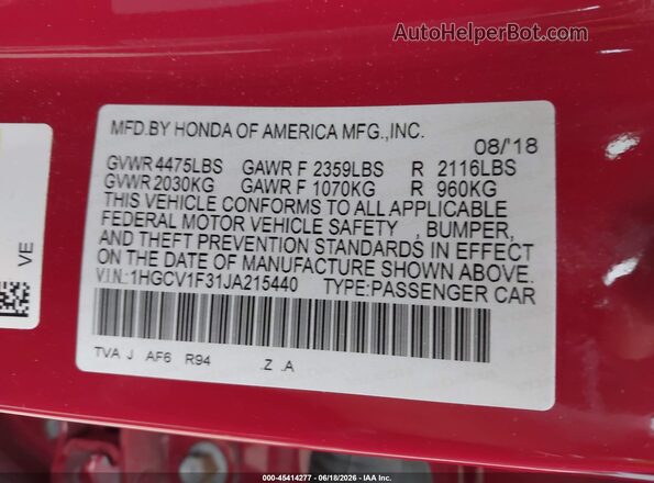 1HGCV1F31JA215440 2018 HONDA ACCORD Red Շարժիչի բաժամունքի տեսք
