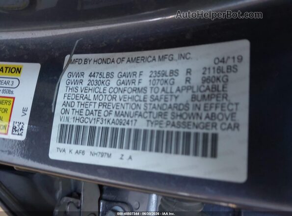 1HGCV1F31KA092417 2019 HONDA ACCORD Серый Вид подкапотного пространства