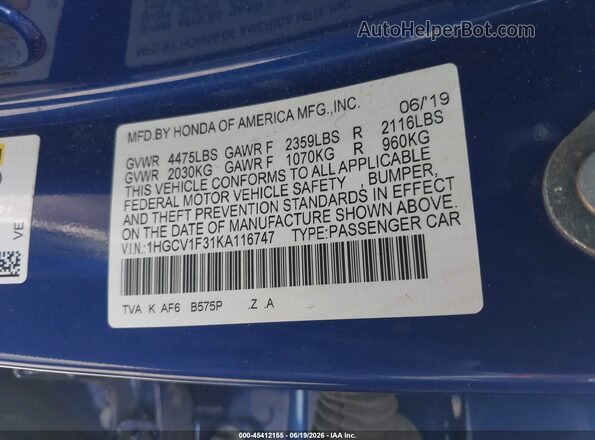 1HGCV1F31KA116747 2019 HONDA ACCORD Синий Вид подкапотного пространства