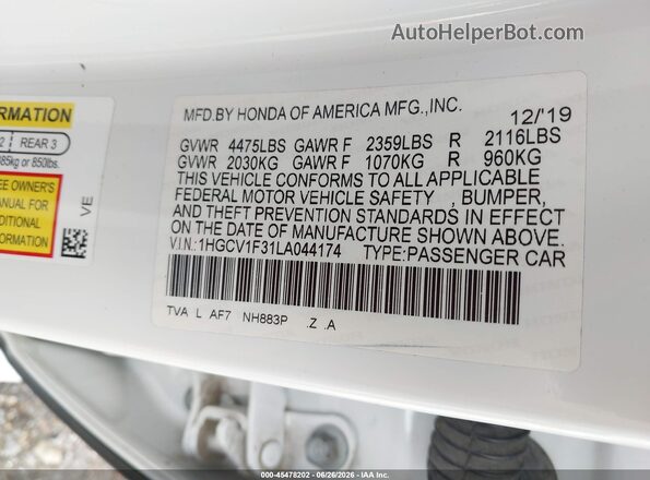 1HGCV1F31LA044174 2020 HONDA ACCORD White Вид підкапотного простору