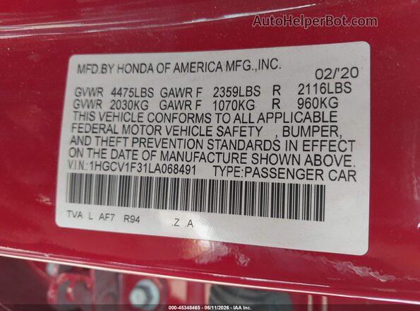 1HGCV1F31LA068491 2020 HONDA ACCORD Red Вид підкапотного простору