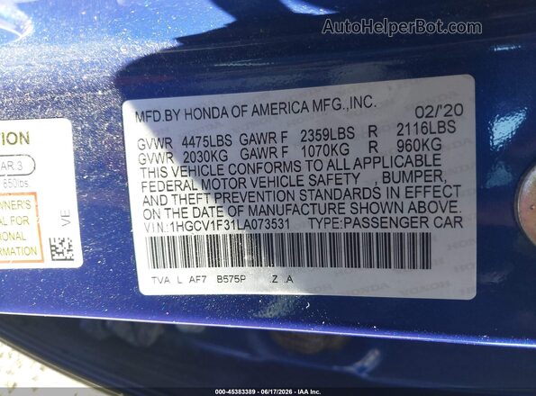 1HGCV1F31LA073531 2020 HONDA ACCORD Blue Vista del compartimento del motor